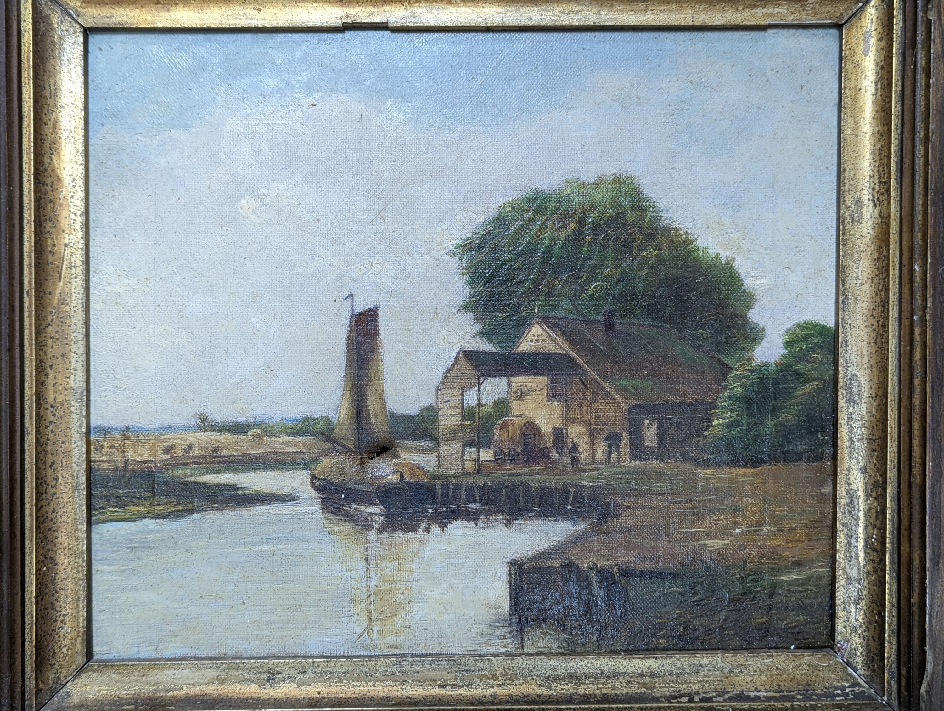 José Weiss (1859-1919), oil on wooden panel, Landscape near Lewes, signed, 16 x 27cm and a small oil river landscape by another hand, 25 x 29cm